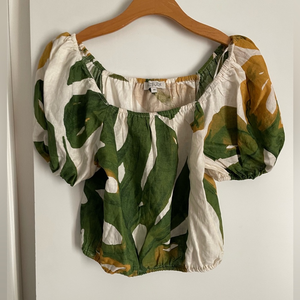 Rachel Zoe Linen Blend Short Sleeve Square Neck Top Ivory/Green Tropical NWT